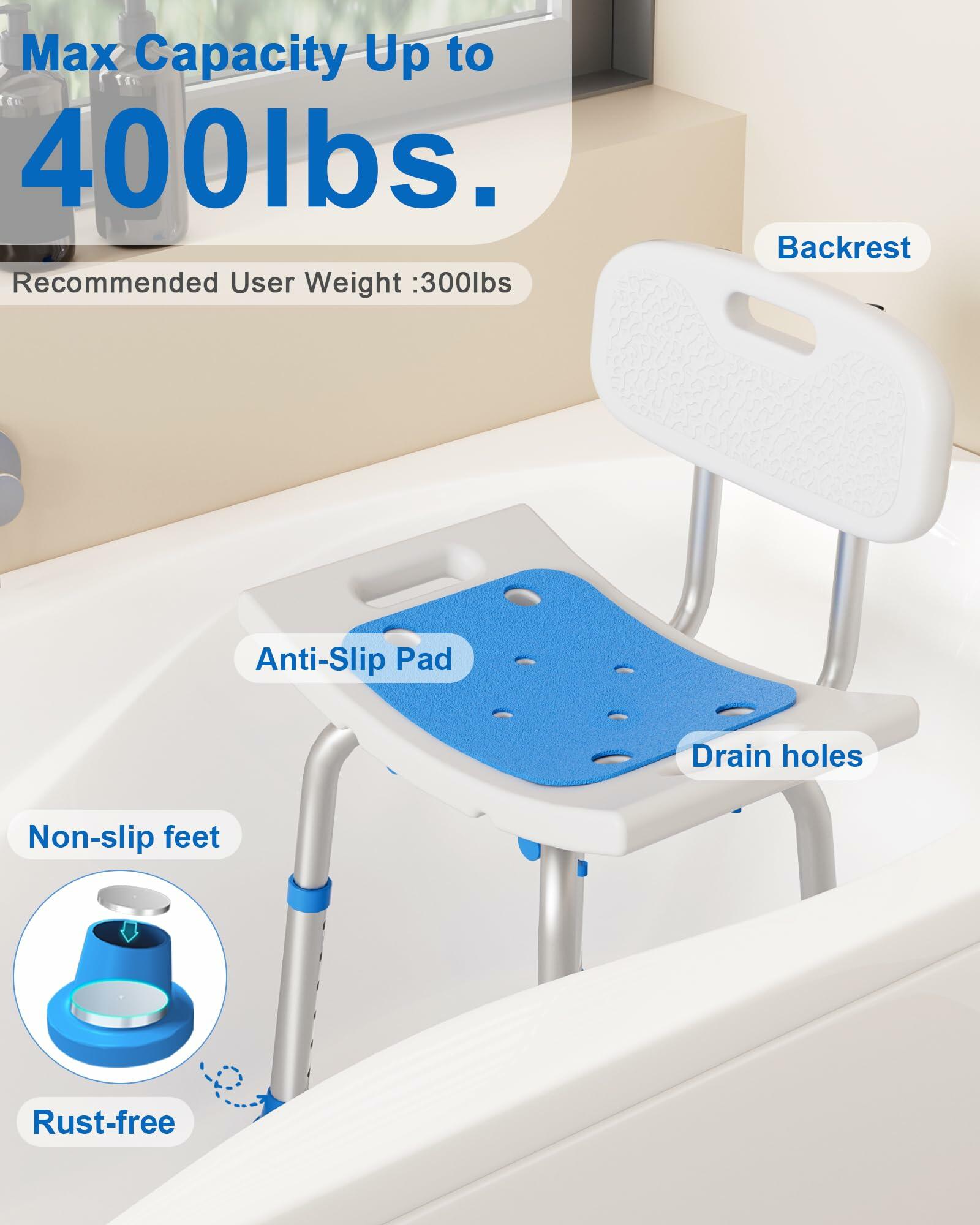 Shower Chair Removable Back 400 lbs Heavy Duty Bath Seat Seniors Disabled Safety