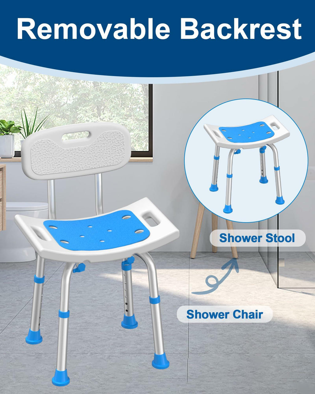 Shower Chair Removable Back 400 lbs Heavy Duty Bath Seat Seniors Disabled Safety