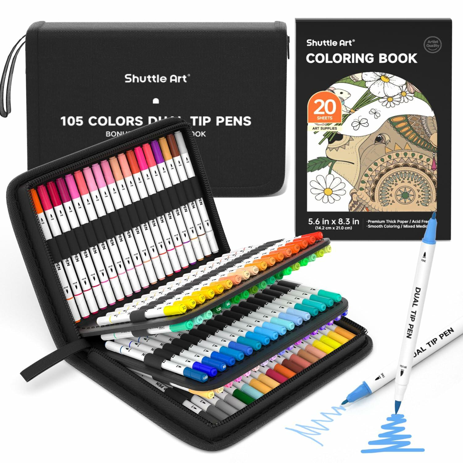 Shuttle Art Dual Tip Brush Marker Pens, 105 Colors Fine and Brush Tip Markers