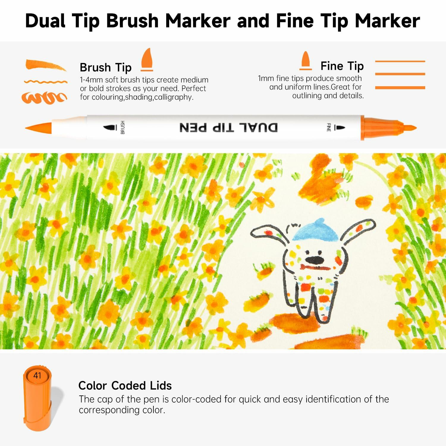 Shuttle Art Dual Tip Brush Marker Pens, 105 Colors Fine and Brush Tip Markers