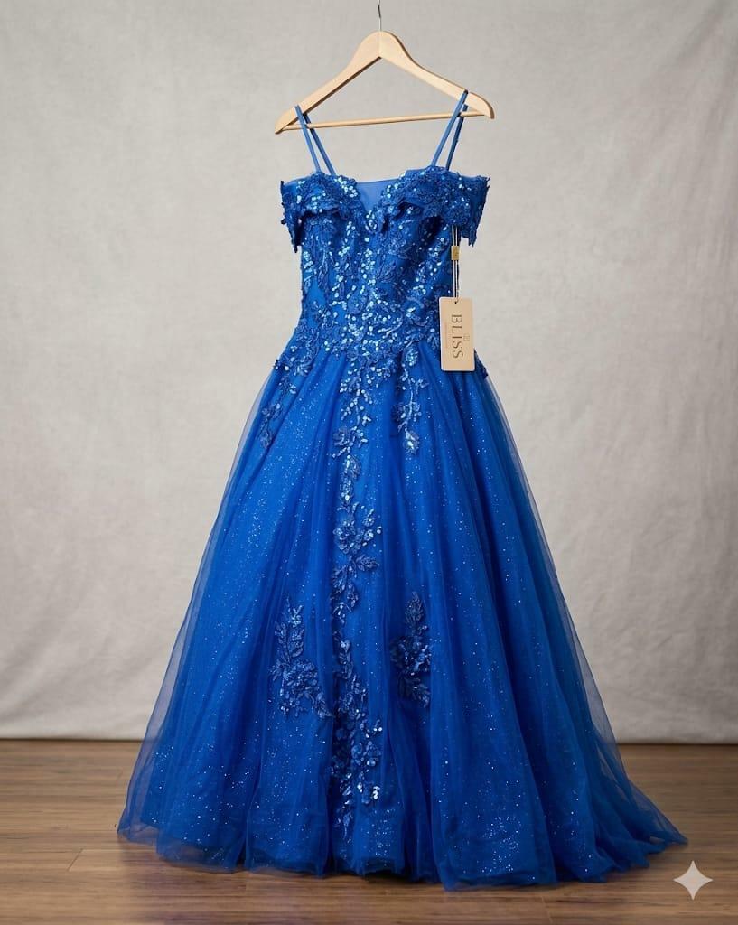BLISS Royal Blue Prom Dress Ball Gown Size 4 Sequin Floral Lace Pageant Formal