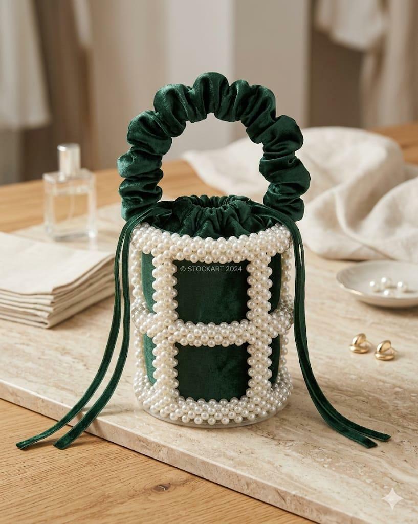YUSHINY Women Faux Pearl Beaded Evening Pleuche Handle Bucket Hollow-Block Bags