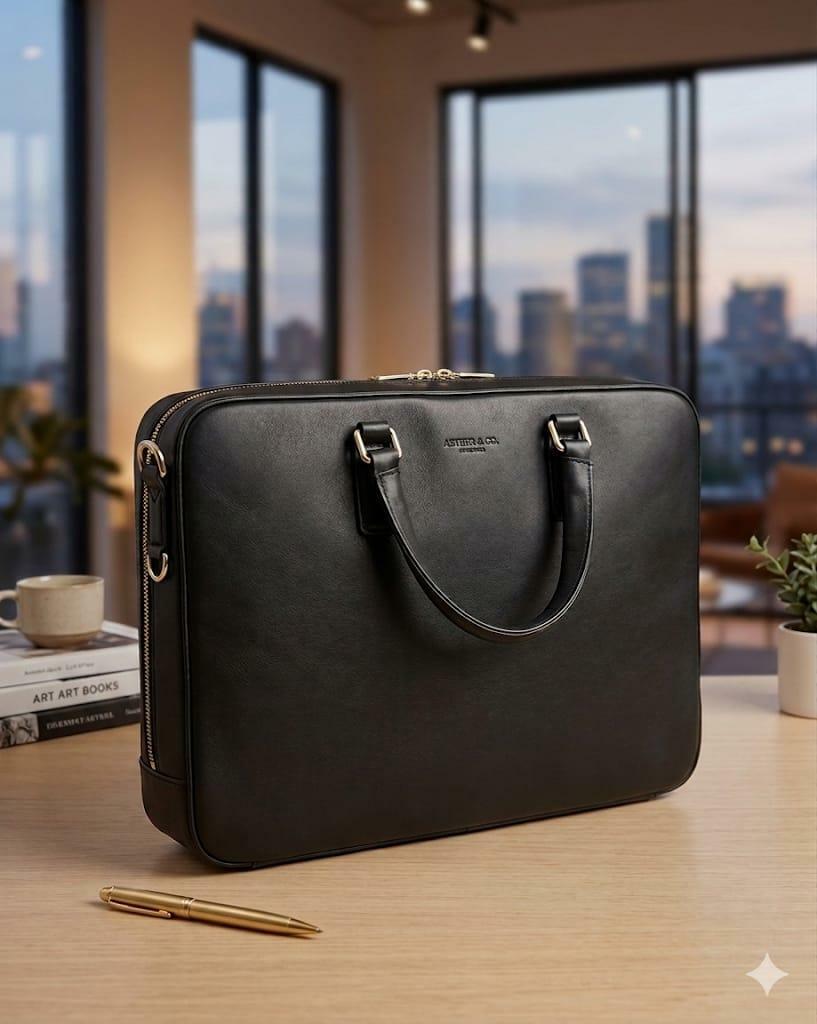 Luxury Leather Laptop Briefcase Slim Business Messenger Attache Bag Black