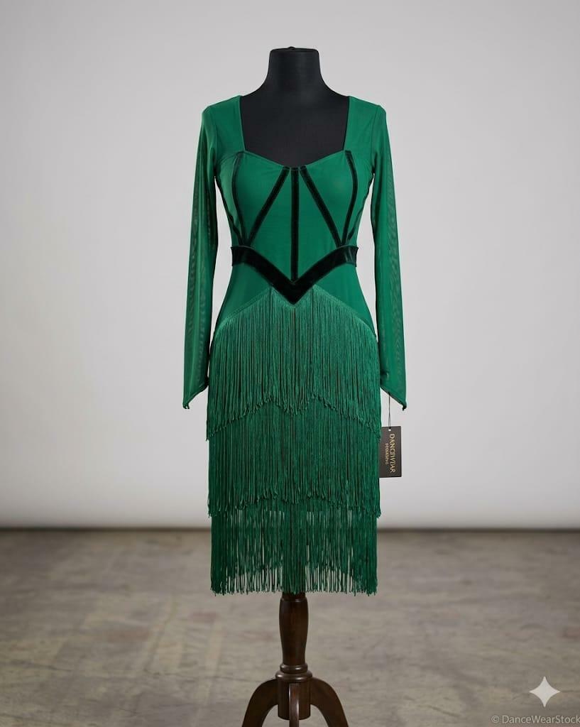 Dance and Sway Velvet Trim Fringe Dress Emerald Green Latin Salsa Ballroom M/L