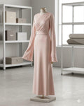 Elegant Pink Pleated Long Sleeve Maxi Dress Size Small NWT Formal Evening Gown