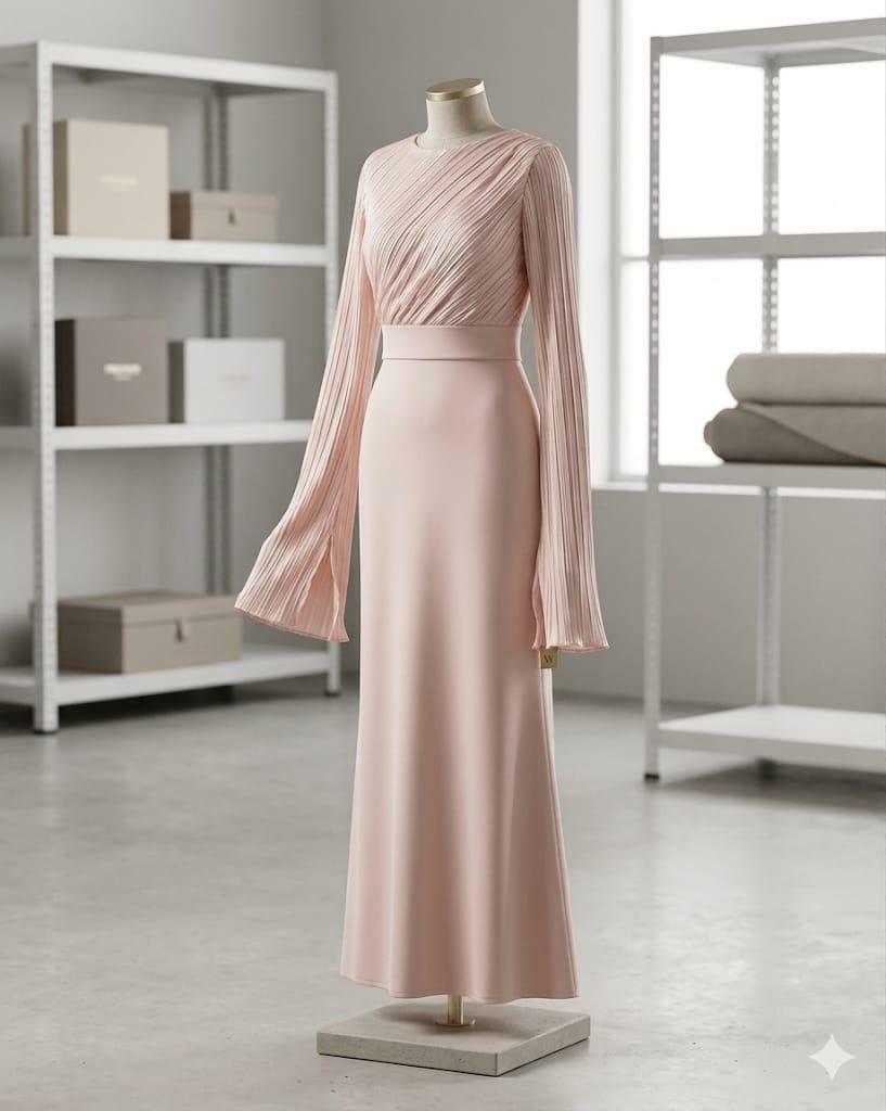 Elegant Pink Pleated Long Sleeve Maxi Dress Size Small NWT Formal Evening Gown