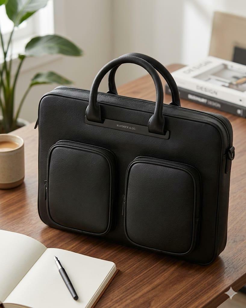 Maverick & Co. Black Leather Briefcase Laptop Bag Business Messenger Case Tote