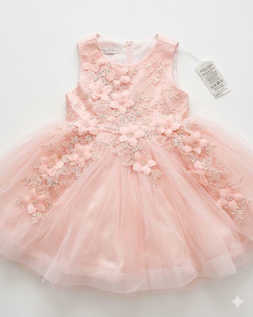 Gorgeous Pink Tulle Flower Girl Dress Size 8 - 3D Floral Applique & Sequins