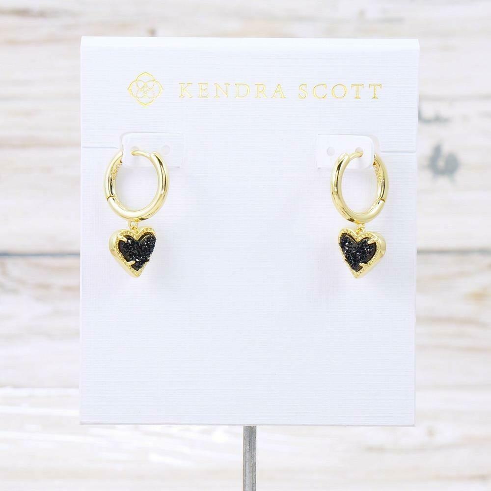 NWT Kendra Scott Ari Heart Black Drusy Huggie Earrings Gold Plated