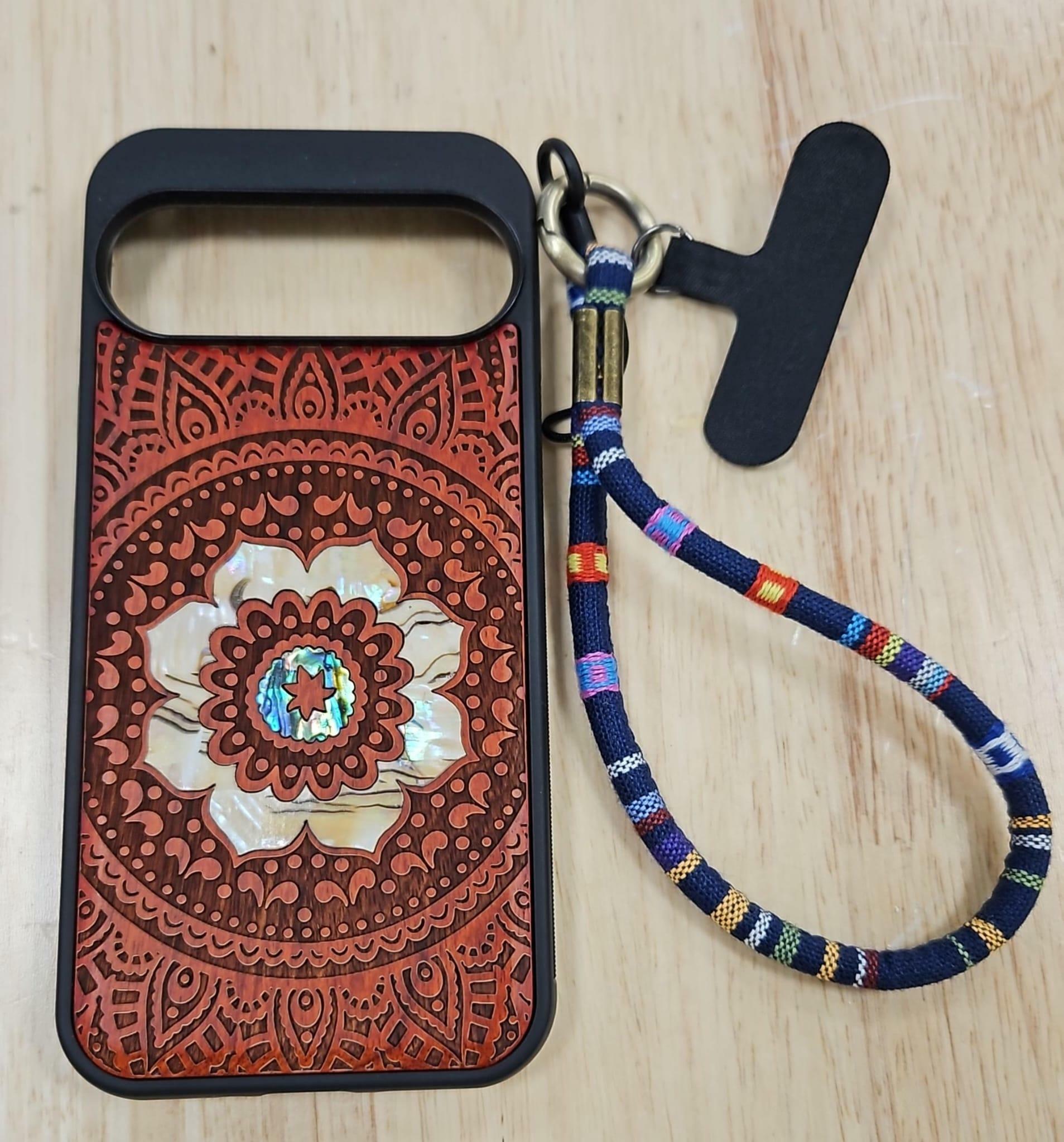 Luxury Carved Wood Mandala Phone Case For Google Pixel 8 7 Pro W/ Lanyard