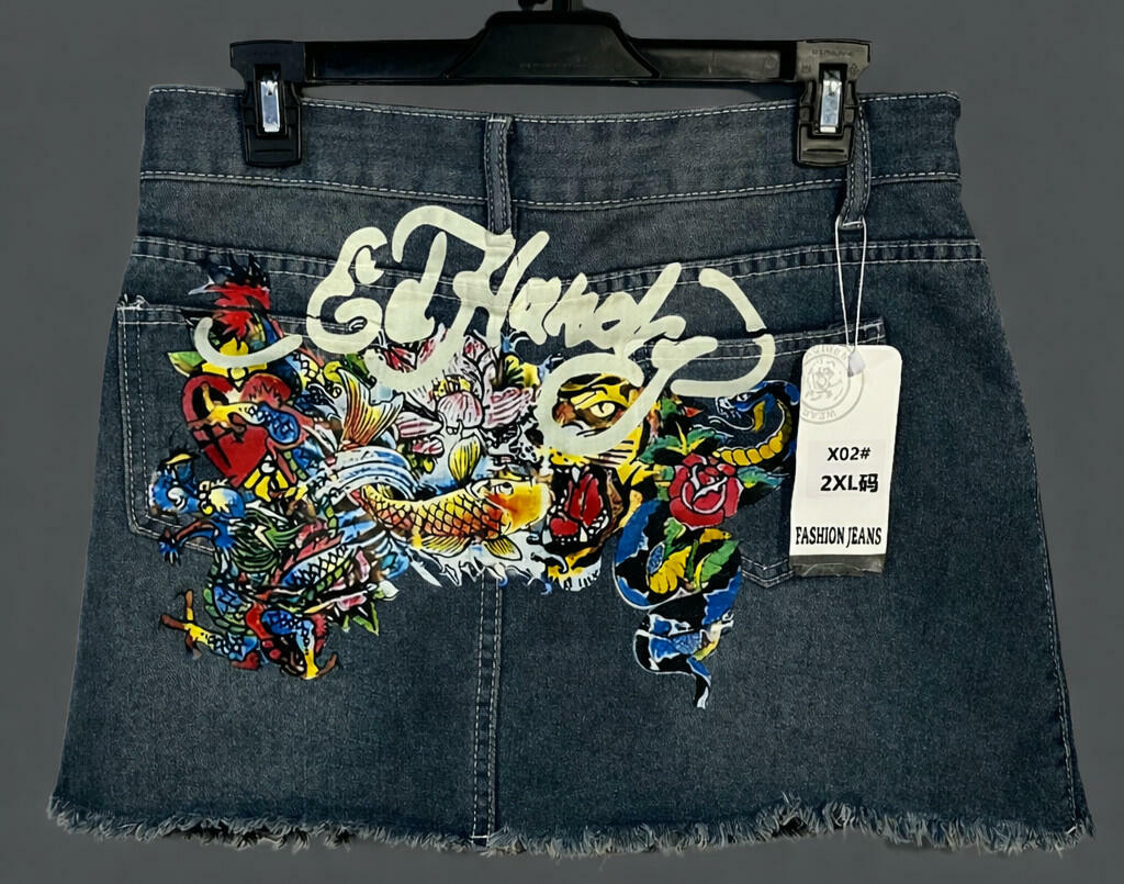 Y2K Tattoo Graphic Denim Mini Skirt Skort Womens 2XL Dragon Koi Tiger Streetwear
