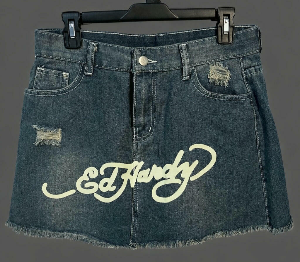 Y2K Tattoo Graphic Denim Mini Skirt Skort Womens 2XL Dragon Koi Tiger Streetwear