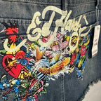 Y2K Tattoo Graphic Denim Mini Skirt Skort Womens 2XL Dragon Koi Tiger Streetwear