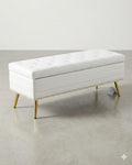 Modern White Faux Leather Storage Ottoman Bench Gold Tapered Legs Tufted
