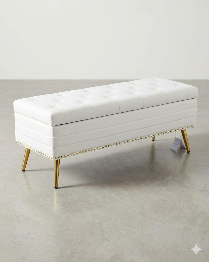 Modern White Faux Leather Storage Ottoman Bench Gold Tapered Legs Tufted