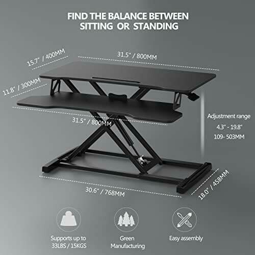 32” Wide Sit to Stand Up Desk Converter Tabletop Workstation  MET100-M REV