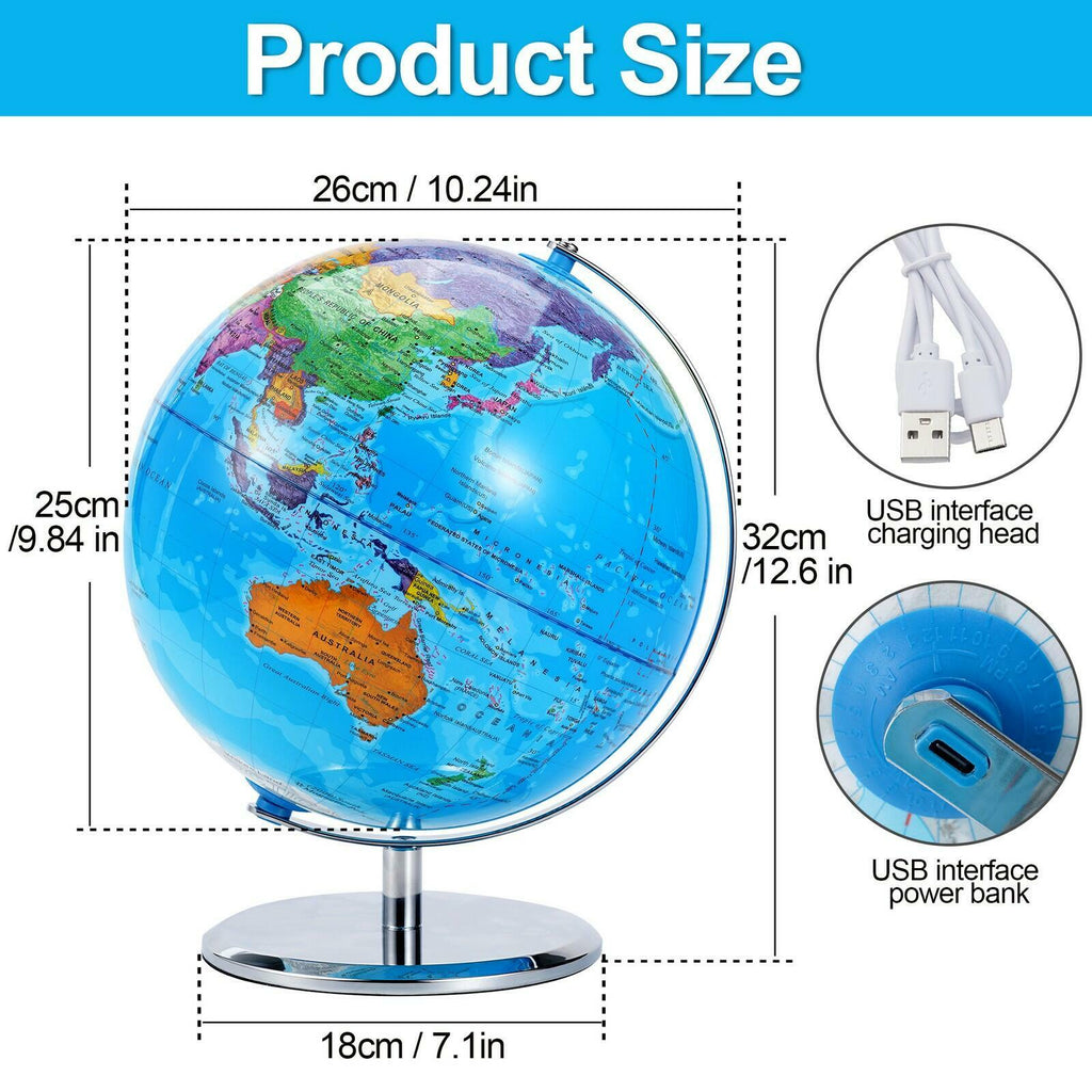 3D World Globe Large Earth Ocean Rotating World Map Geography w/ Stand Desktop