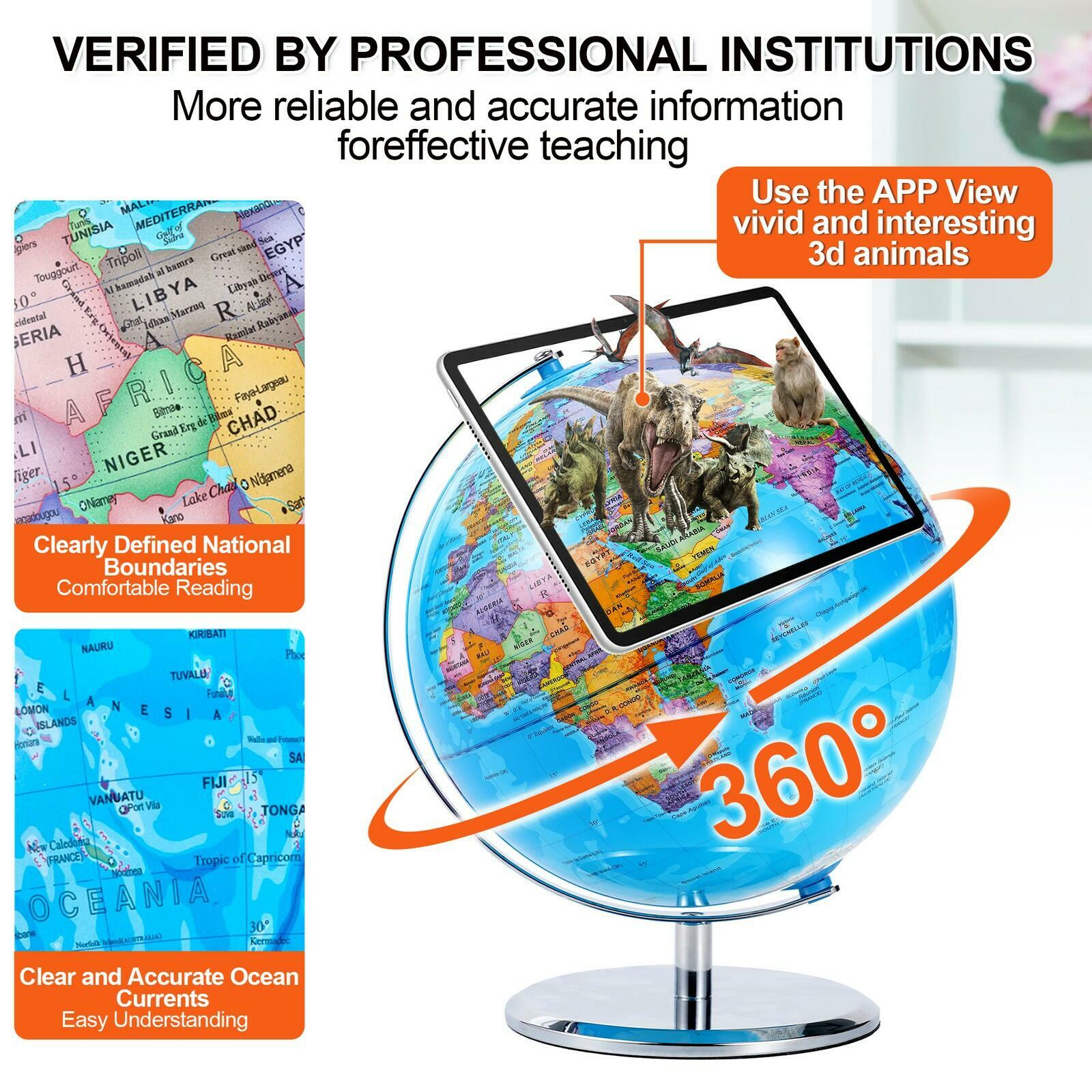3D World Globe Large Earth Ocean Rotating World Map Geography w/ Stand Desktop