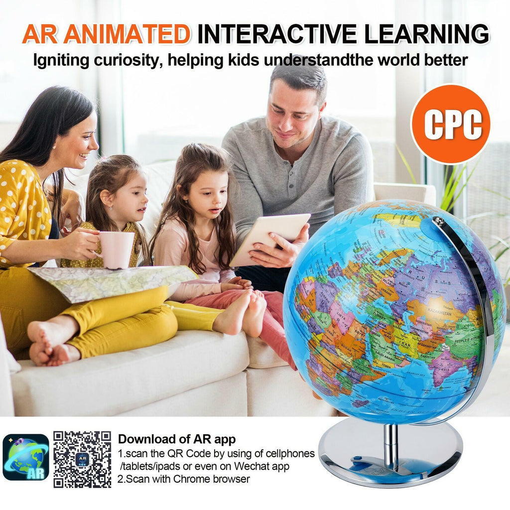 3D World Globe Large Earth Ocean Rotating World Map Geography w/ Stand Desktop