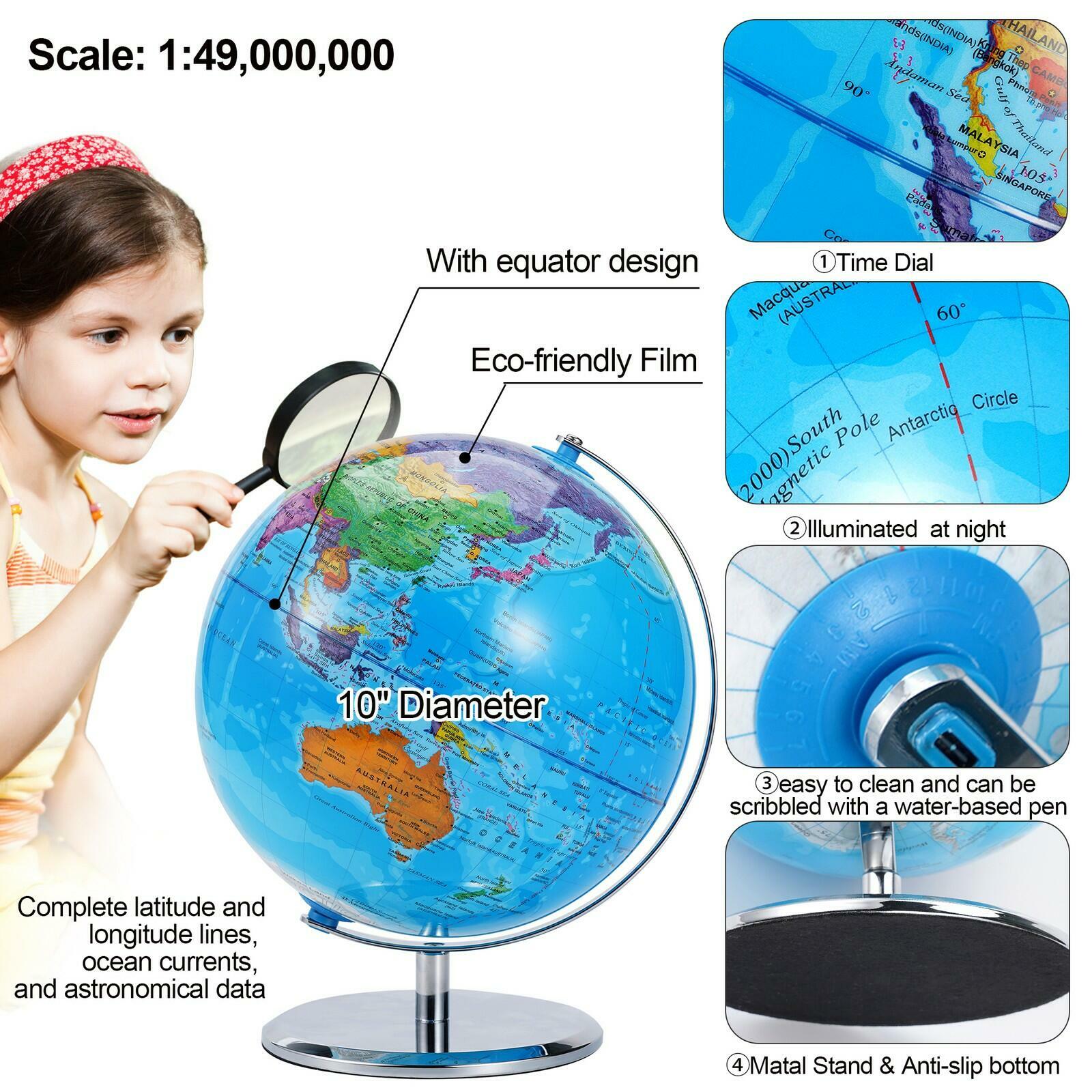 3D World Globe Large Earth Ocean Rotating World Map Geography w/ Stand Desktop