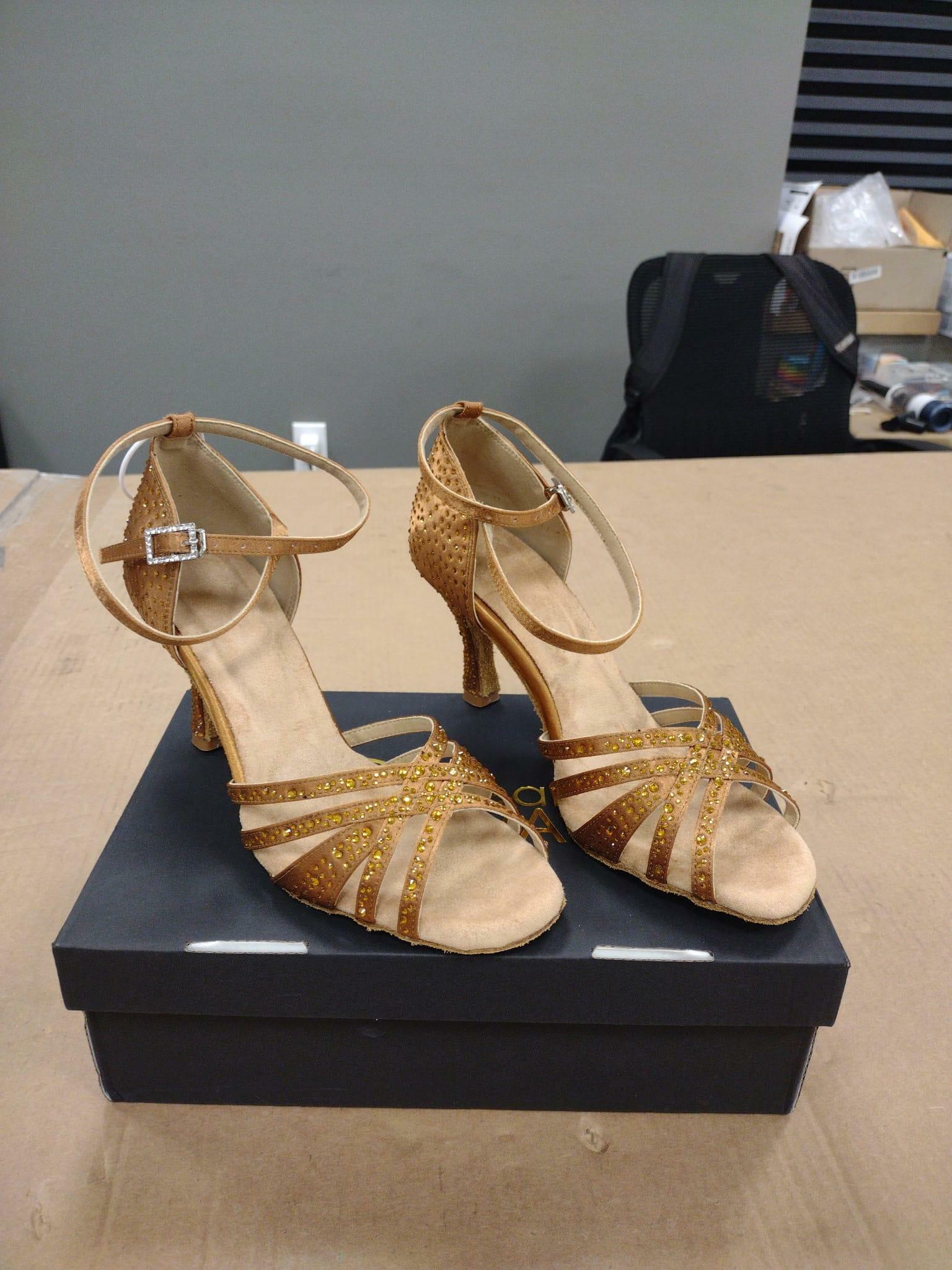 DS Women's Latin Dance Shoes Brown Satin Rhinestone Strappy US 9.5