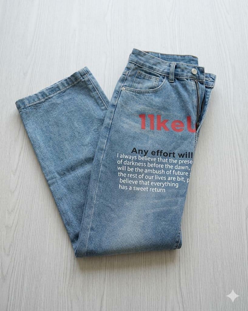 Graphic Print Text Mens Denim Jeans Light Wash Straight Leg Streetwear Size