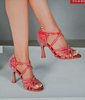 Women's Red Strappy Dance Heels Crystal Ballroom Salsa Shoes US 7