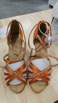 Latin Dance Shoes for Adults, Professional Rhinestone High Heel Dance Shoes for Women, Soft Sole Embellished Rhinestone Ballroom Dance Sandals, Hot-Fix Rhinestone Lively Orange Dance Shoes, Formal Banquet Wedding Shoes