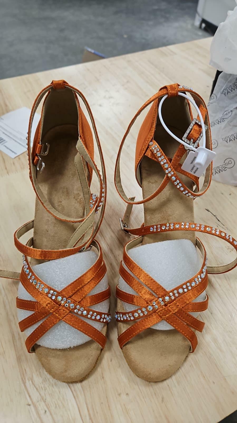 Latin Dance Shoes for Adults, Professional Rhinestone High Heel Dance Shoes for Women, Soft Sole Embellished Rhinestone Ballroom Dance Sandals, Hot-Fix Rhinestone Lively Orange Dance Shoes, Formal Banquet Wedding Shoes