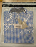 Bienzoe Size 7-8 Boys Plaid Gingham Shirt 100% Cotton Button Down Light Blue