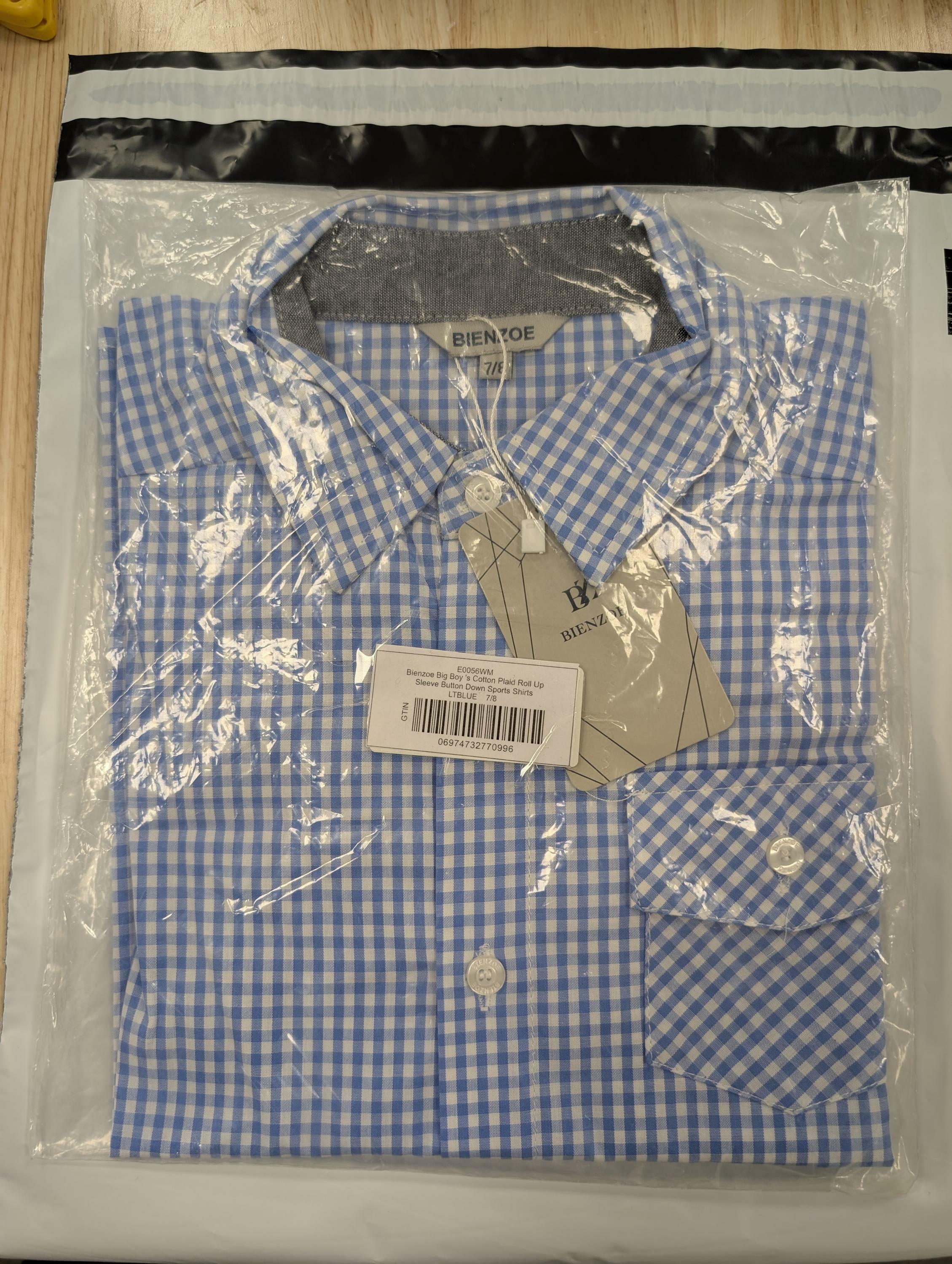 Bienzoe Size 7-8 Boys Plaid Gingham Shirt 100% Cotton Button Down Light Blue