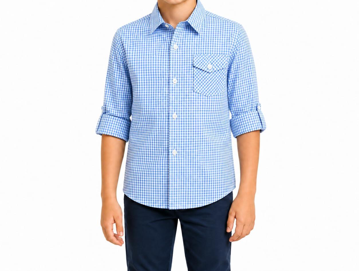Bienzoe Size 7-8 Boys Plaid Gingham Shirt 100% Cotton Button Down Light Blue