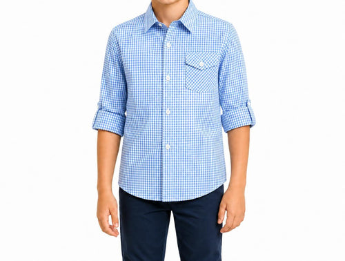 Bienzoe Size 7-8 Boys Plaid Gingham Shirt 100% Cotton Button Down Light Blue
