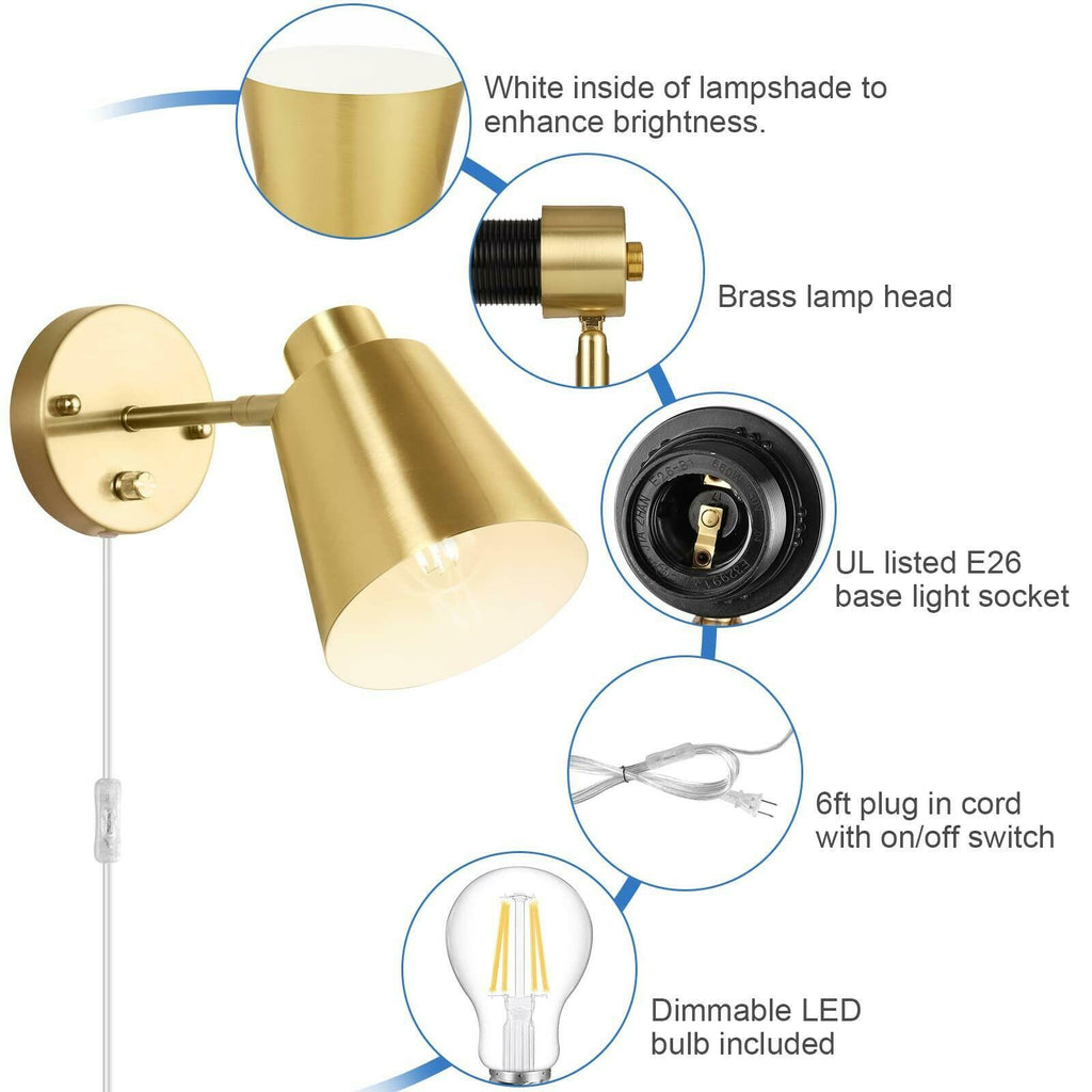VATONI Dimmable Wall Sconce, Plug in Wall Sconce Adjustable Angle Wall Lights