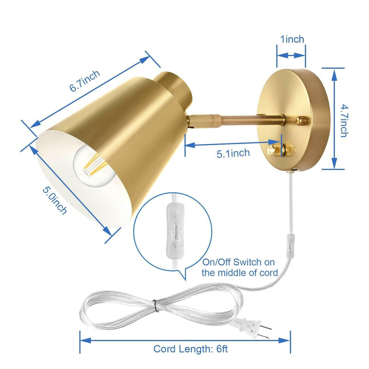 VATONI Dimmable Wall Sconce, Plug in Wall Sconce Adjustable Angle Wall Lights