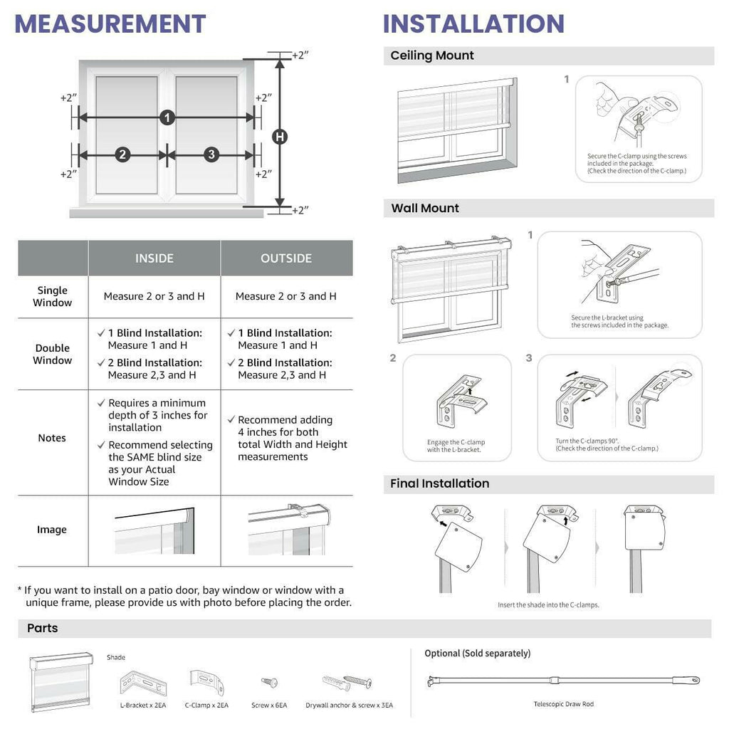 FOIRESOFT 37 in W 64 in H Standard Cordless Blackout Zebra Roller Shades and