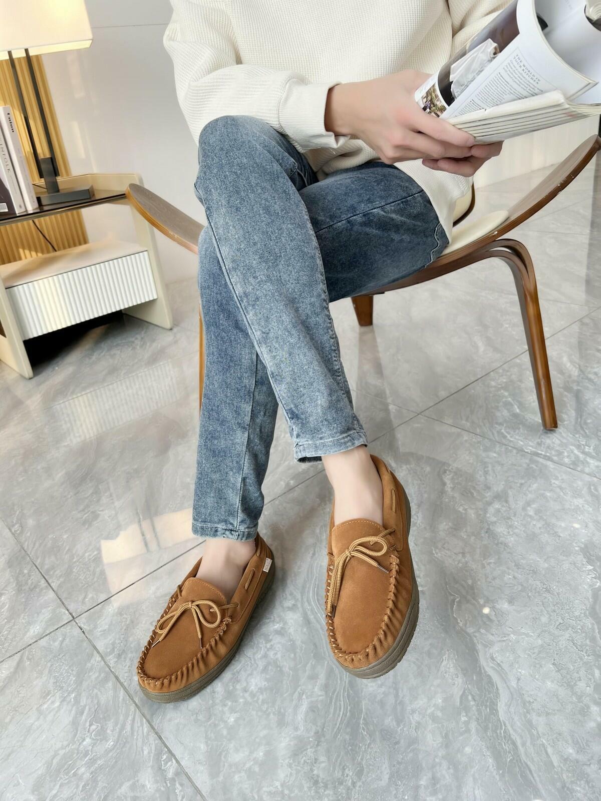PEDOQU Size 7 Men’s moccasin slippers with tie genuine leather upper memory foam