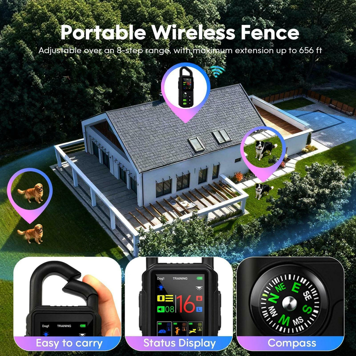 Beatails Wireless Dog Fence System for 2 Dogs with Lighting, Adjustable 5 in 1