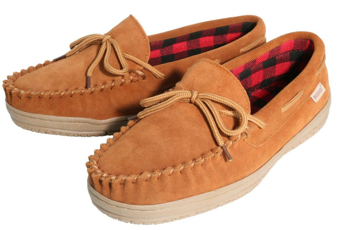 PEDOQU Size 7 Men’s moccasin slippers with tie genuine leather upper memory foam