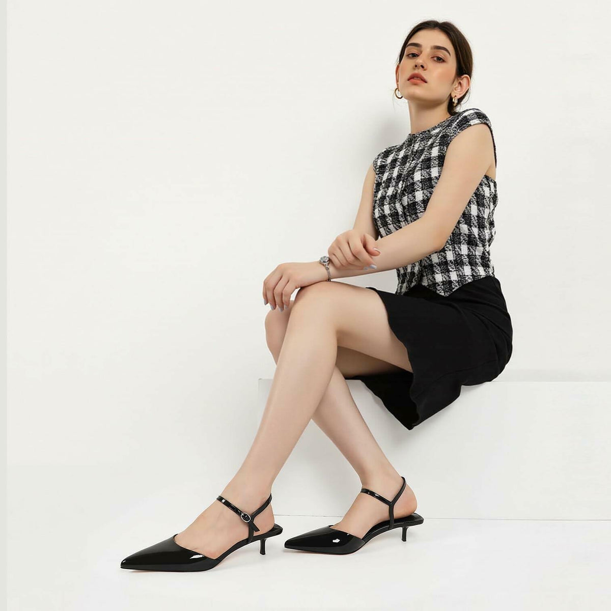 SAMMITOP Size 9 Kitten Heels Pointed Toe Ankle Strap 1.5in Black