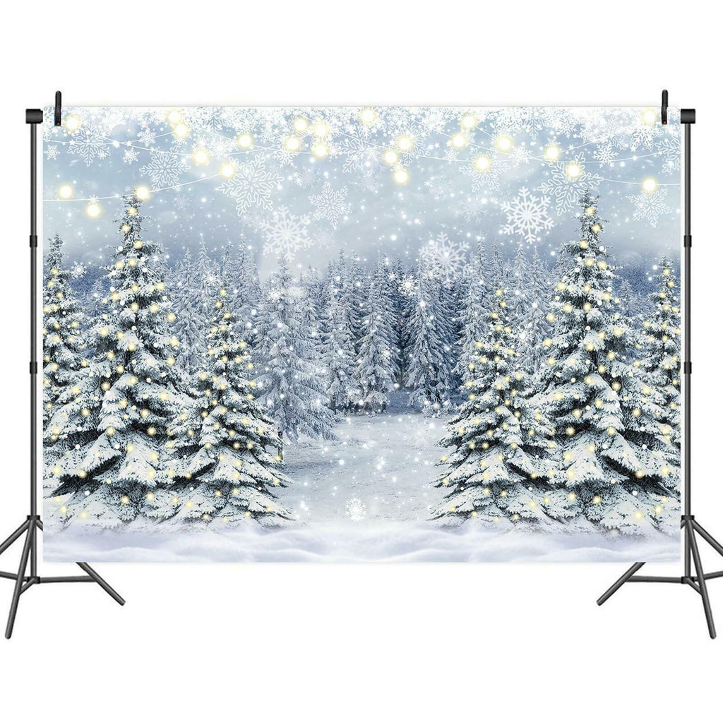 Winter Forest Photography Backdrop Glitter Snowy Pine Tree Scene Background