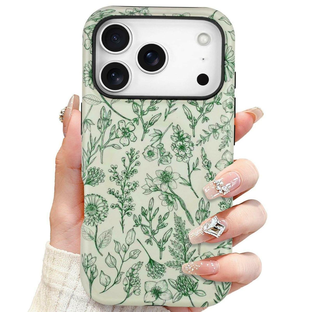 SOKAD Magnetic Sage Floral Phone Case for iPhone 17 Pro, Vintage Green Flower