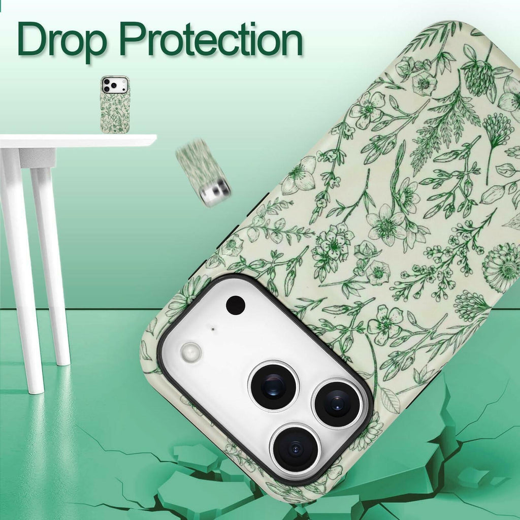SOKAD Magnetic Sage Floral Phone Case for iPhone 17 Pro, Vintage Green Flower