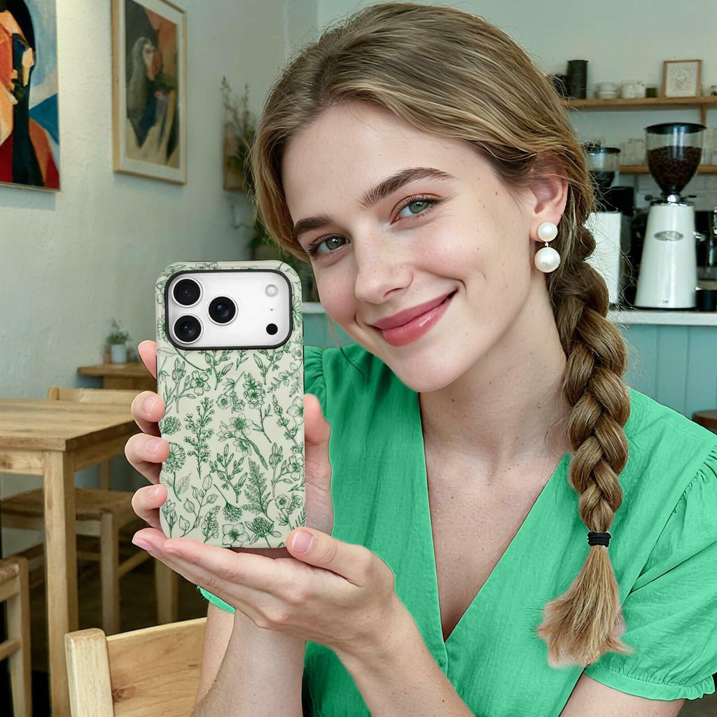 SOKAD Magnetic Sage Floral Phone Case for iPhone 17 Pro, Vintage Green Flower
