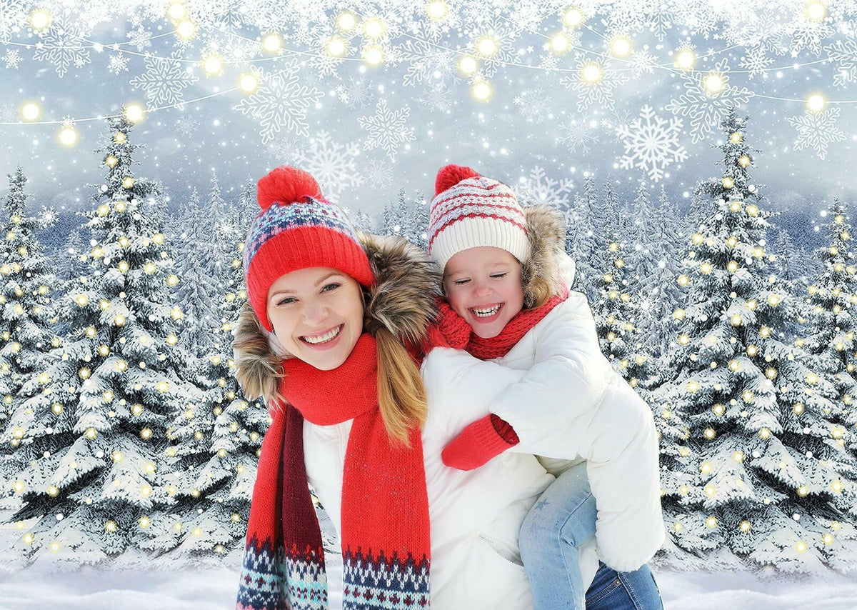 Winter Forest Photography Backdrop Glitter Snowy Pine Tree Scene Background