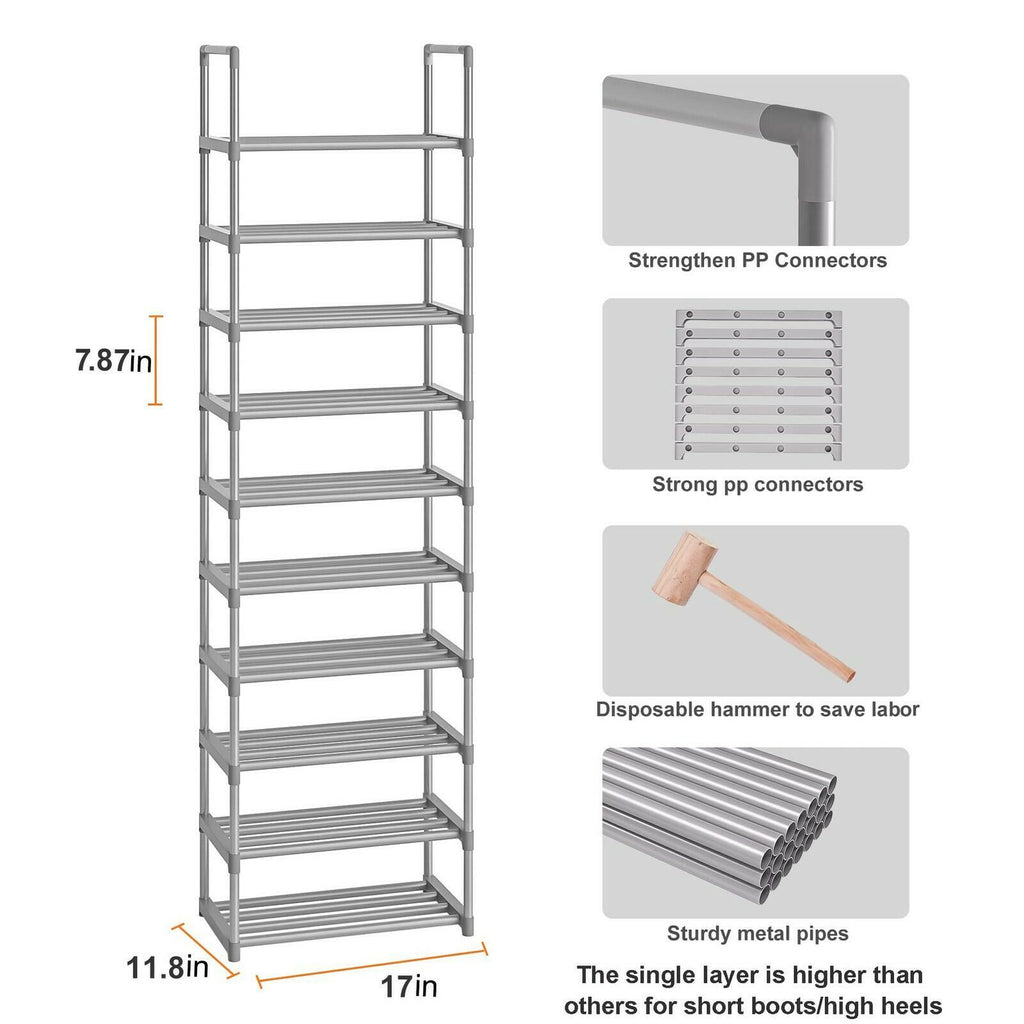 OYREL 10-Tier Metal Shoe Rack, Narrow Shoe Rack Organizer, Sturdy Shoe Shelf for