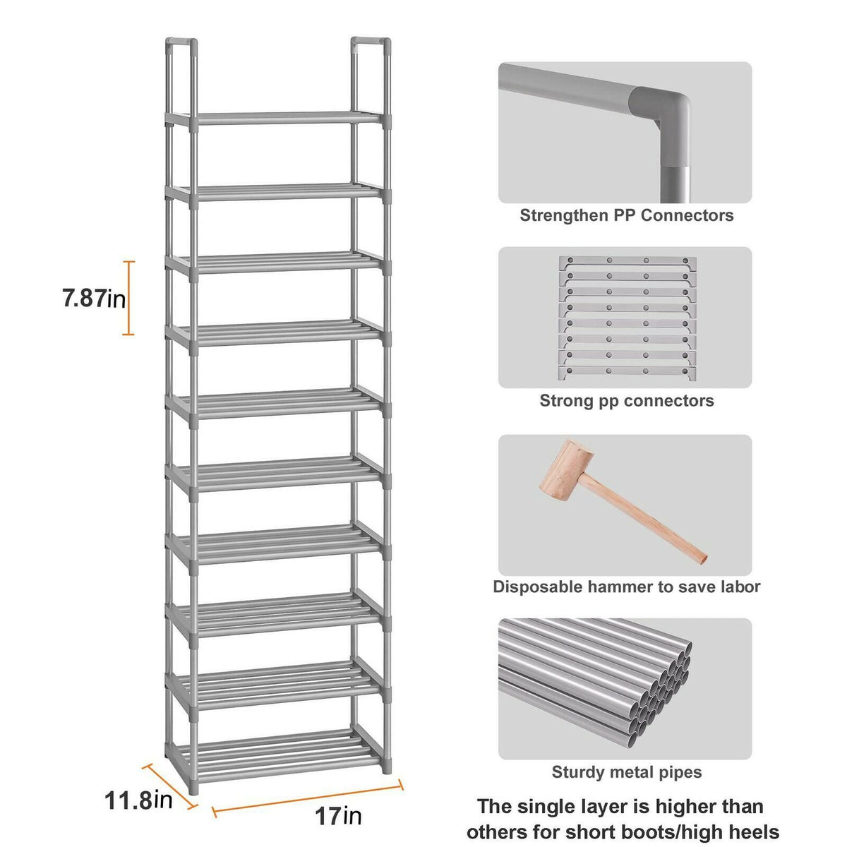 OYREL 10-Tier Metal Shoe Rack, Narrow Shoe Rack Organizer, Sturdy Shoe Shelf for