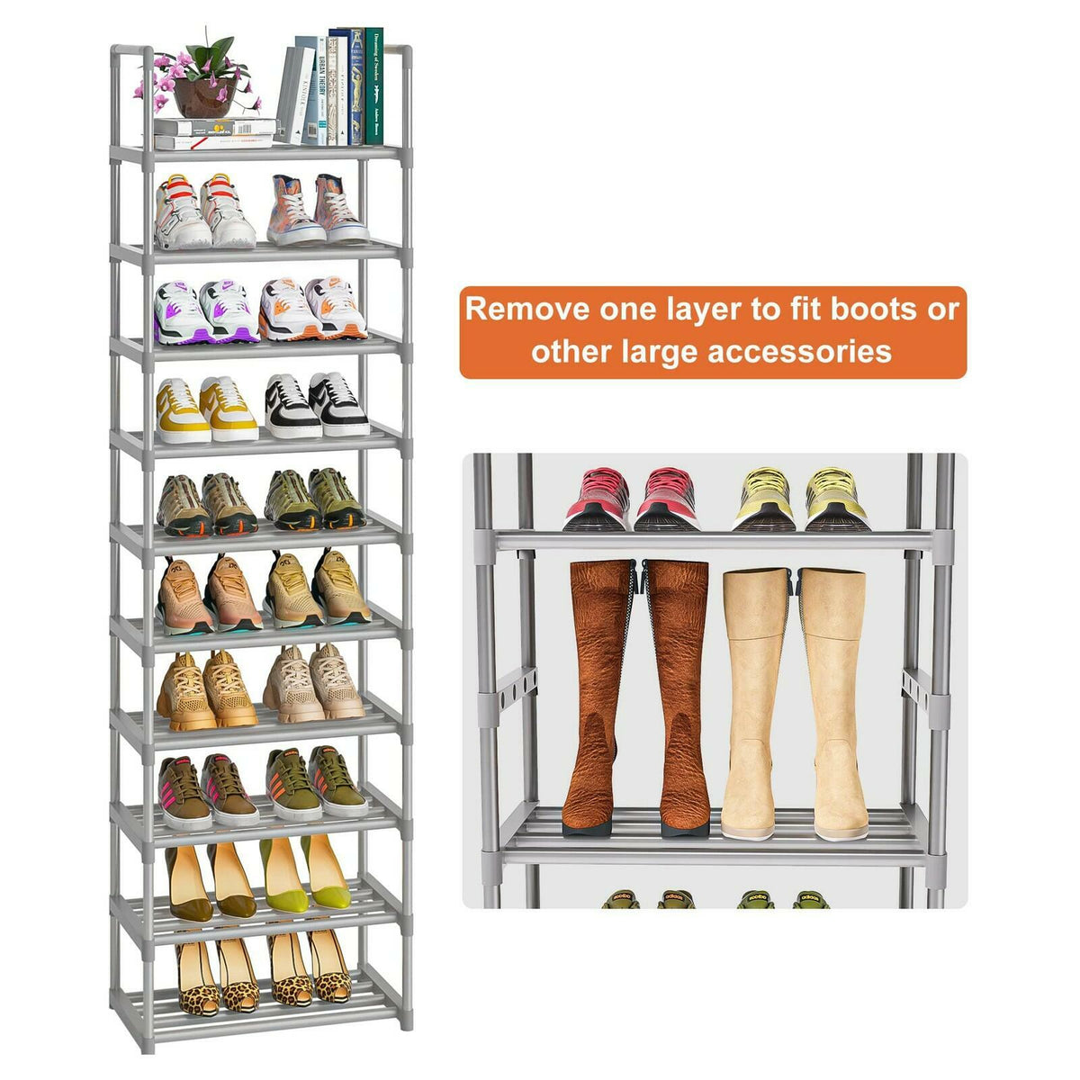 OYREL 10-Tier Metal Shoe Rack, Narrow Shoe Rack Organizer, Sturdy Shoe Shelf for