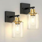 Set of 2 Licperron Black and Gold Wall Sconces with Clear Glass Shade, Matte