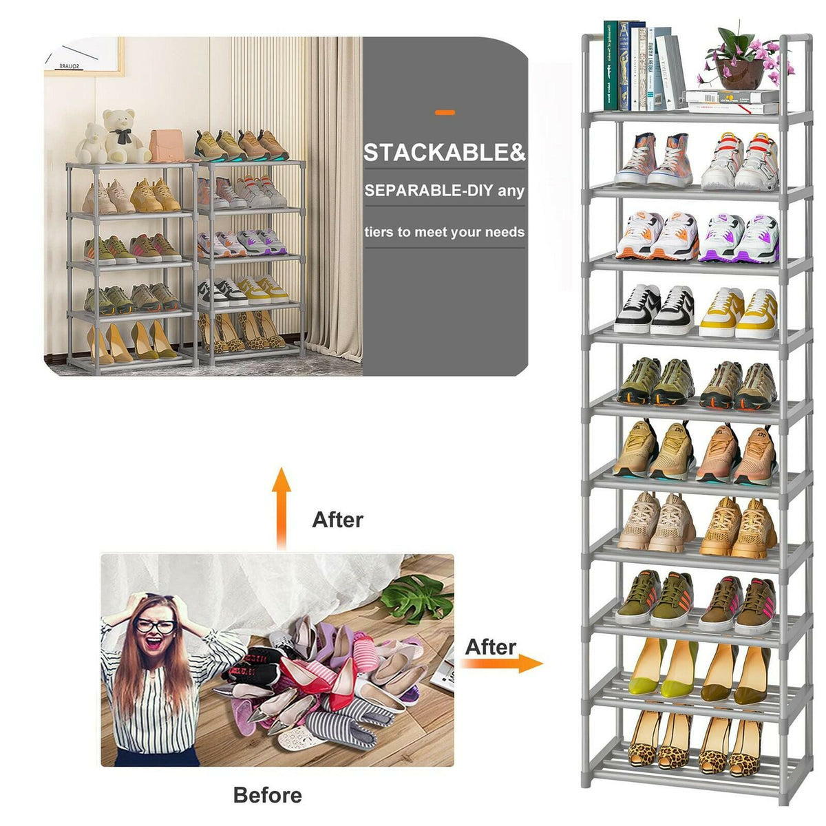 OYREL 10-Tier Metal Shoe Rack, Narrow Shoe Rack Organizer, Sturdy Shoe Shelf for